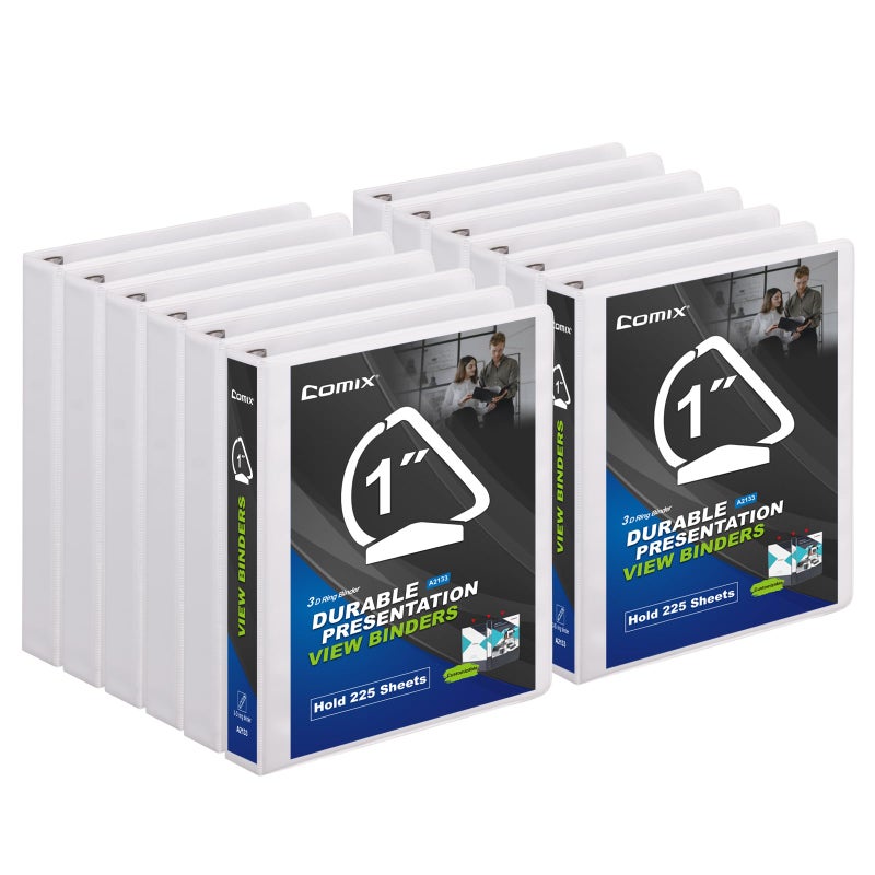 COMIX مجلد كومكس D-Ring الأساسي 1 بوصة 3 حلقات، بسماكة 2.4 مم، يحمل 225 ورقة بحجم 8.5" × 11"، 12 عبوة (أبيض) - Image 1